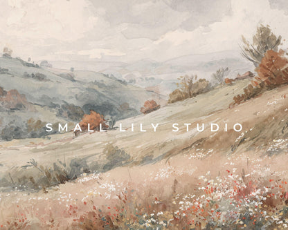 FRAME TV art Fall Country Landscape, Samsung Frame TV art Autumn Vintage Watercolor Style Painting | TV1004