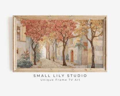 FRAME TV art Fall Tree-Lined Street, Samsung Frame TV art Autumn Vintage Watercolor Style Painting | TV1005
