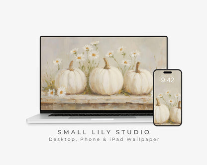 Pumpkins and Daisies Desktop Wallpaper Set, Fall Phone Wallpaper, Autumn iPhone Wallpaper, Neutral iPad Background Vintage Style | WS126