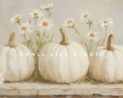 Pumpkins and Daisies Desktop Wallpaper Set, Fall Phone Wallpaper, Autumn iPhone Wallpaper, Neutral iPad Background Vintage Style | WS126