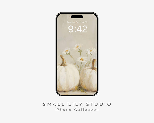 White Pumpkins Phone Wallpaper, Fall iPhone Wallpaper, Autumn Samsung Galaxy Phone Background, Neutral Vintage Style Art | WP126