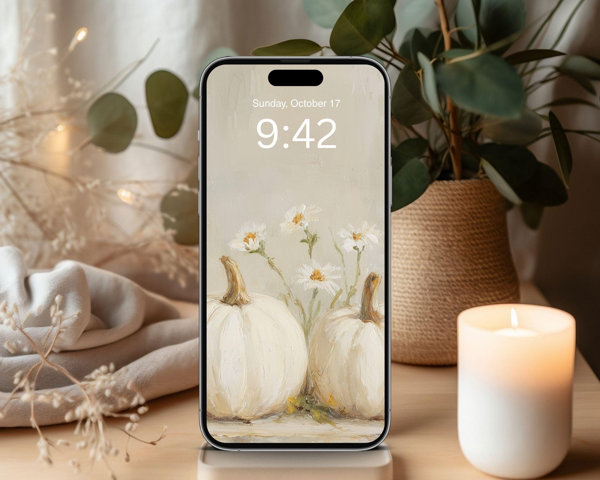 White Pumpkins Phone Wallpaper, Fall iPhone Wallpaper, Autumn Samsung Galaxy Phone Background, Neutral Vintage Style Art | WP126