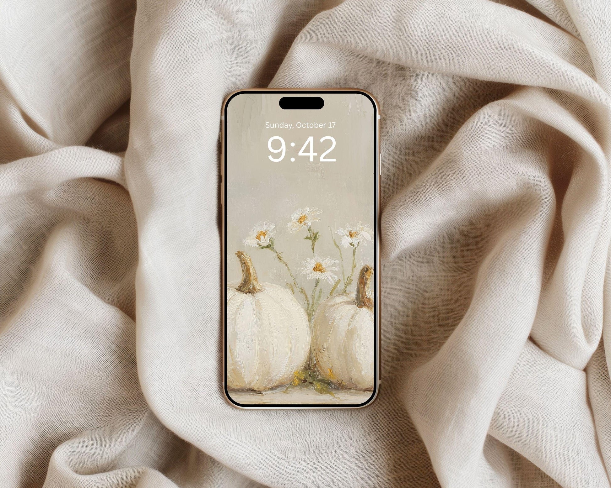 White Pumpkins Phone Wallpaper, Fall iPhone Wallpaper, Autumn Samsung Galaxy Phone Background, Neutral Vintage Style Art | WP126