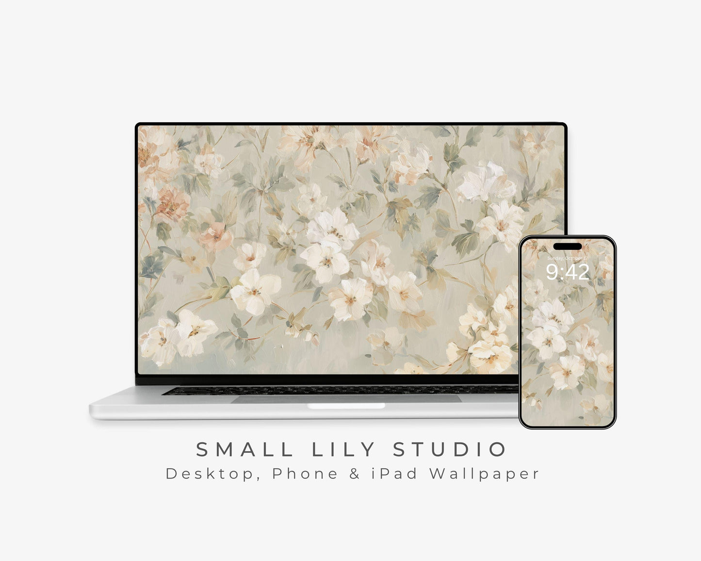 Pastel Floral Desktop Wallpaper Set, Fall Phone Wallpaper, Autumn iPhone Wallpaper, Neutral iPad Background Vintage Style | WS127