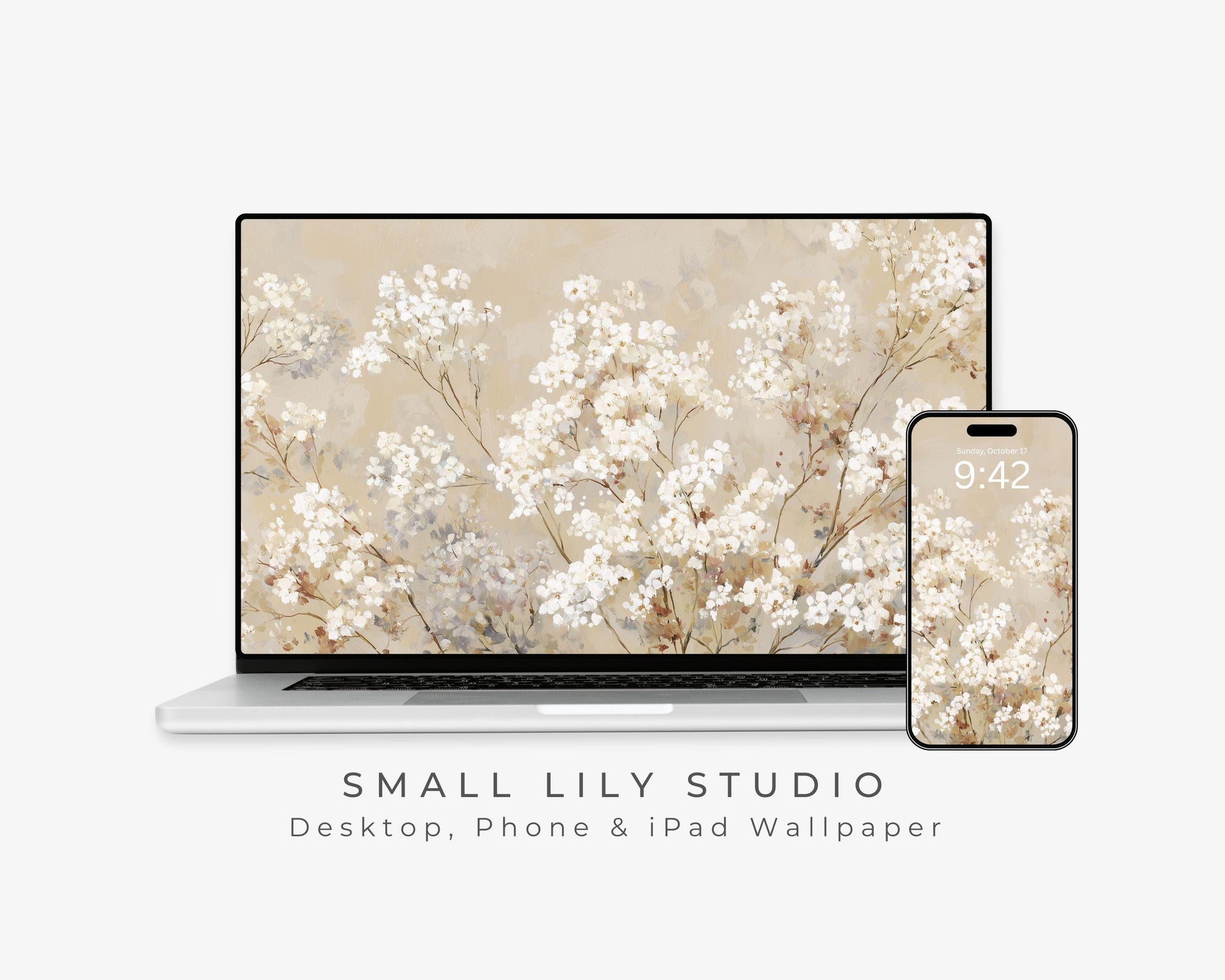 White Floral Desktop Wallpaper Set, Fall Phone Wallpaper, Autumn iPhone Wallpaper, Neutral iPad Background Vintage Style | WS128