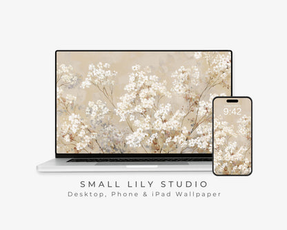 White Floral Desktop Wallpaper Set, Fall Phone Wallpaper, Autumn iPhone Wallpaper, Neutral iPad Background Vintage Style | WS128