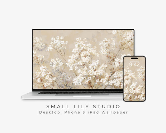 White Floral Desktop Wallpaper Set, Fall Phone Wallpaper, Autumn iPhone Wallpaper, Neutral iPad Background Vintage Style | WS128