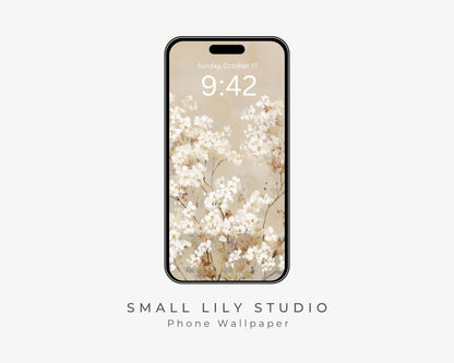 White Floral Phone Wallpaper, Fall iPhone Wallpaper, Autumn Samsung Galaxy Phone Background, Neutral Vintage Style Art | WP128