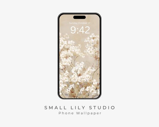 White Floral Phone Wallpaper, Fall iPhone Wallpaper, Autumn Samsung Galaxy Phone Background, Neutral Vintage Style Art | WP128