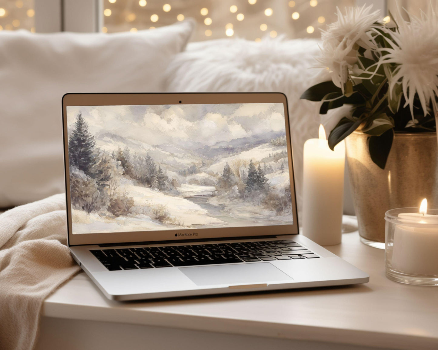 Watercolor Winter Landscape Desktop Wallpaper Set, Neutral Phone Wallpaper, Winter iPhone Wallpaper, iPad Background Vintage Style | WS130