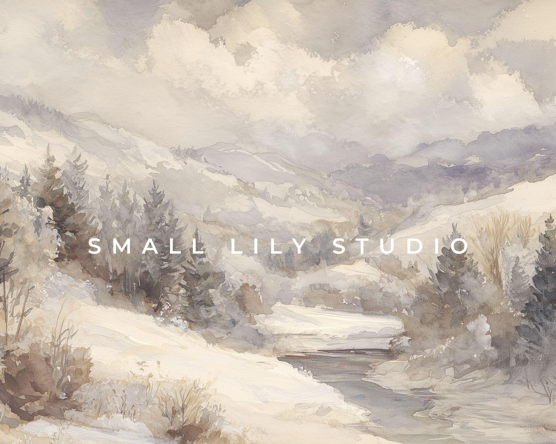 Watercolor Winter Landscape Desktop Wallpaper Set, Neutral Phone Wallpaper, Winter iPhone Wallpaper, iPad Background Vintage Style | WS130