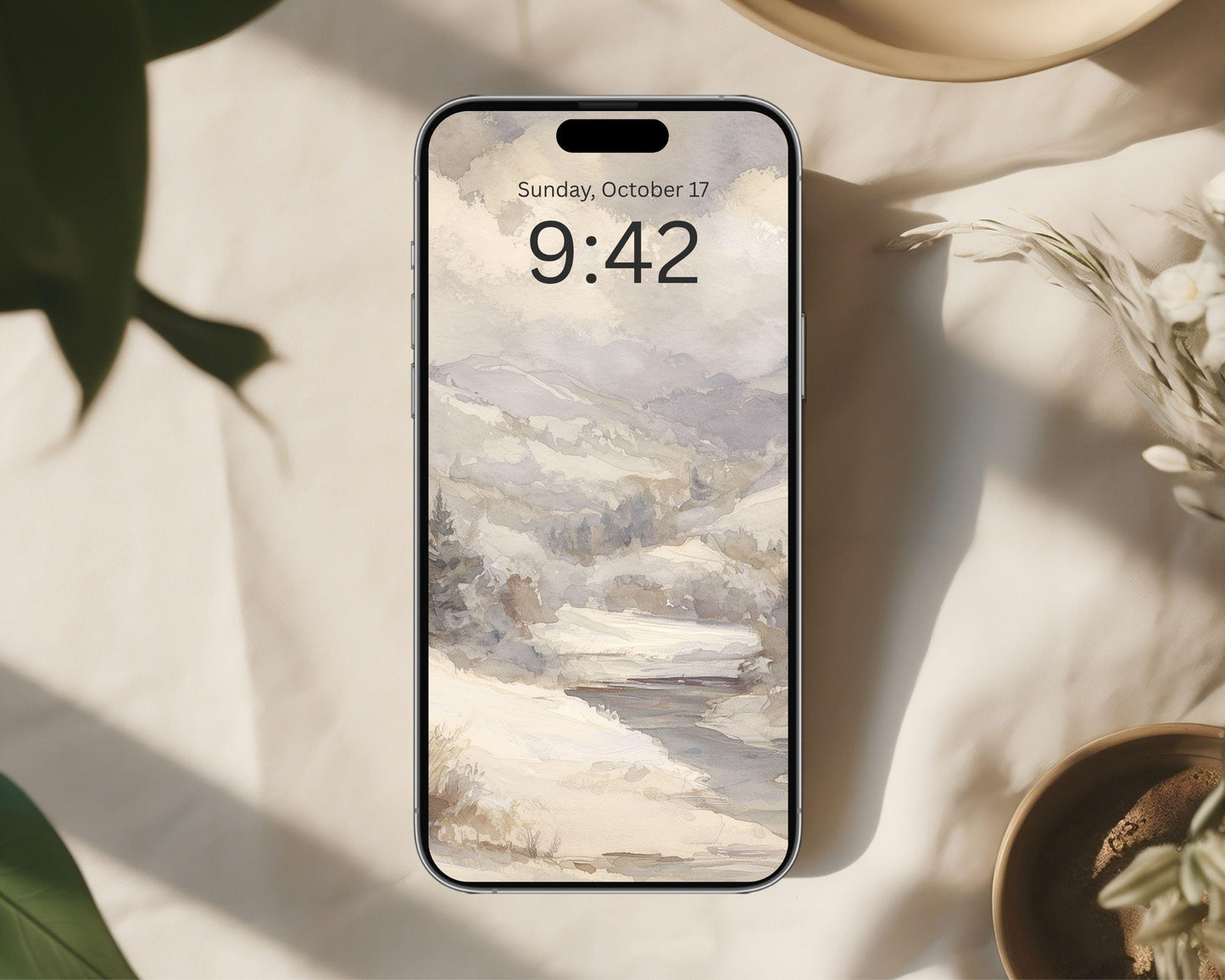 Watercolor Winter Landscape Phone Wallpaper, Neutral iPhone Wallpaper, Vintage Style Samsung Galaxy Phone Background | WP130