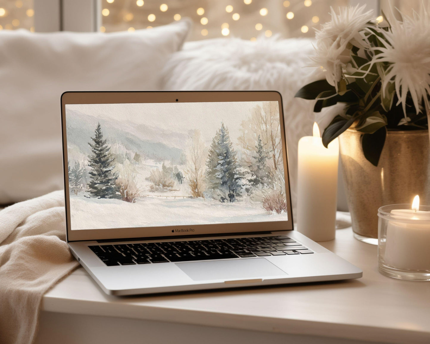 Watercolor Winter Landscape Desktop Wallpaper Set, Christmas Phone Wallpaper, Winter iPhone Wallpaper, iPad Background Vintage Style | WS131