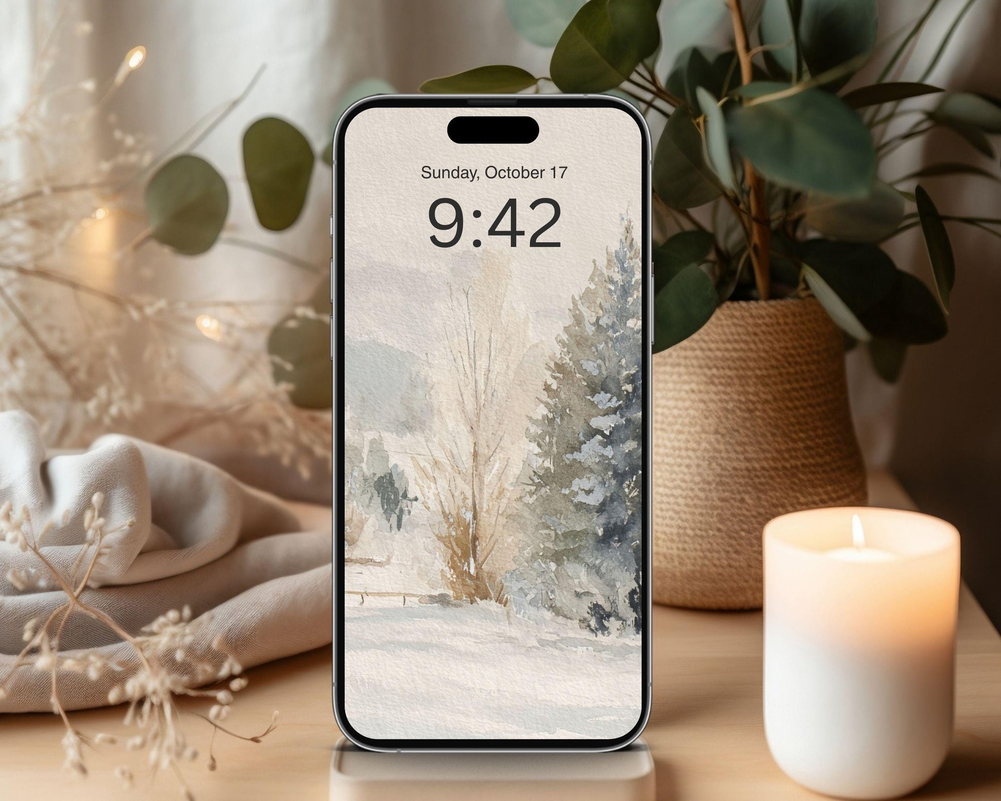 Watercolor Winter Landscape Phone Wallpaper, Christmas iPhone Wallpaper, Vintage Style Samsung Galaxy Phone Background | WP131