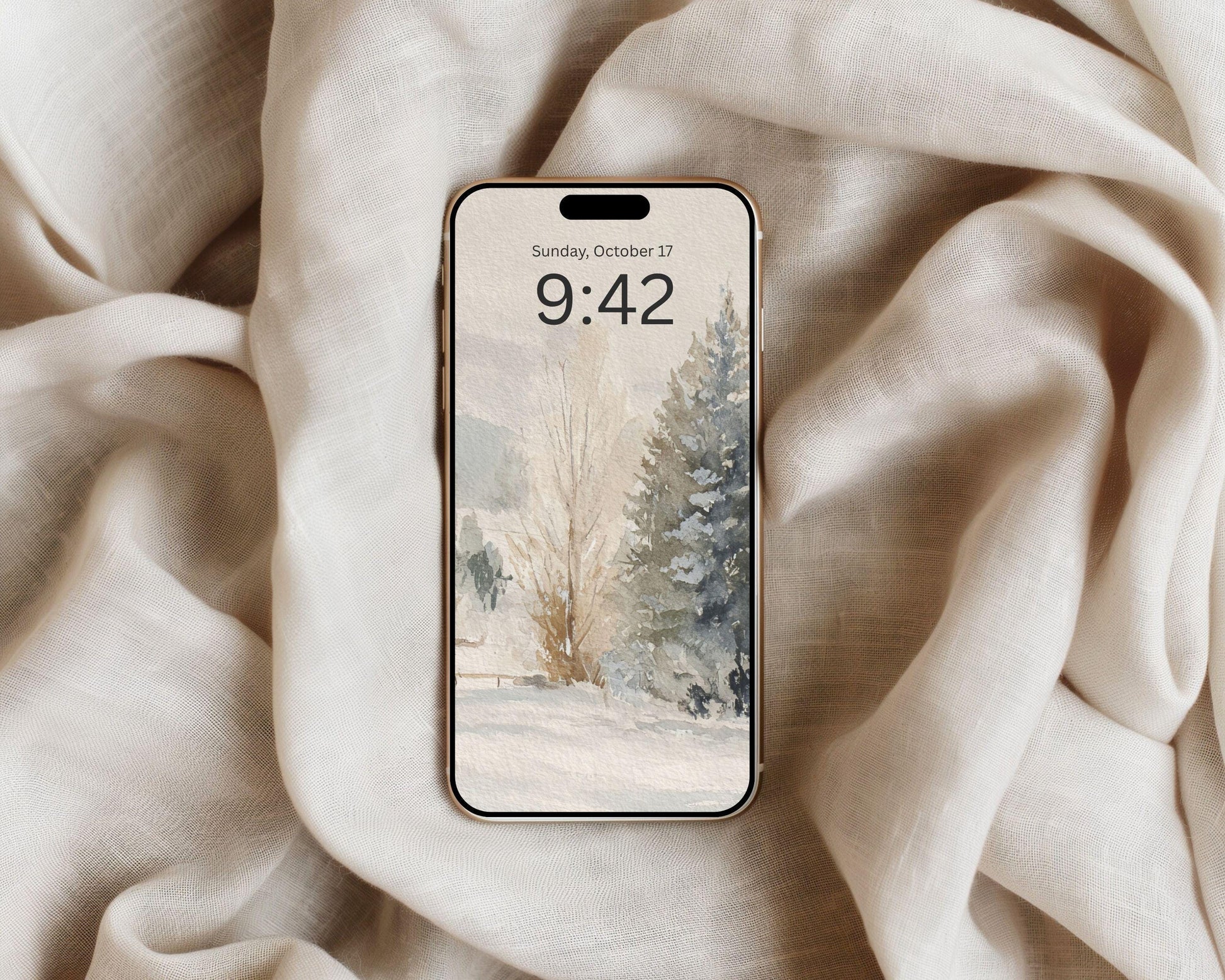 Watercolor Winter Landscape Phone Wallpaper, Christmas iPhone Wallpaper, Vintage Style Samsung Galaxy Phone Background | WP131