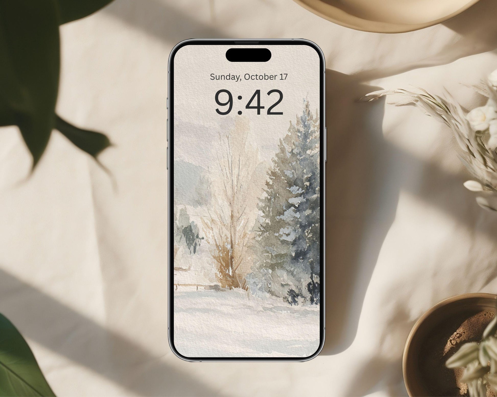 Watercolor Winter Landscape Phone Wallpaper, Christmas iPhone Wallpaper, Vintage Style Samsung Galaxy Phone Background | WP131