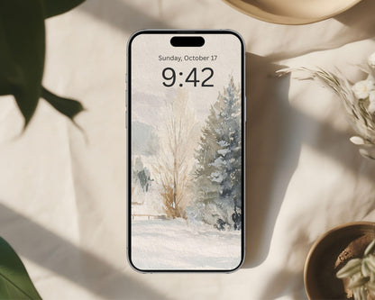 Watercolor Winter Landscape Phone Wallpaper, Christmas iPhone Wallpaper, Vintage Style Samsung Galaxy Phone Background | WP131