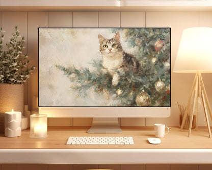 Cat in Christmas Tree Desktop Wallpaper