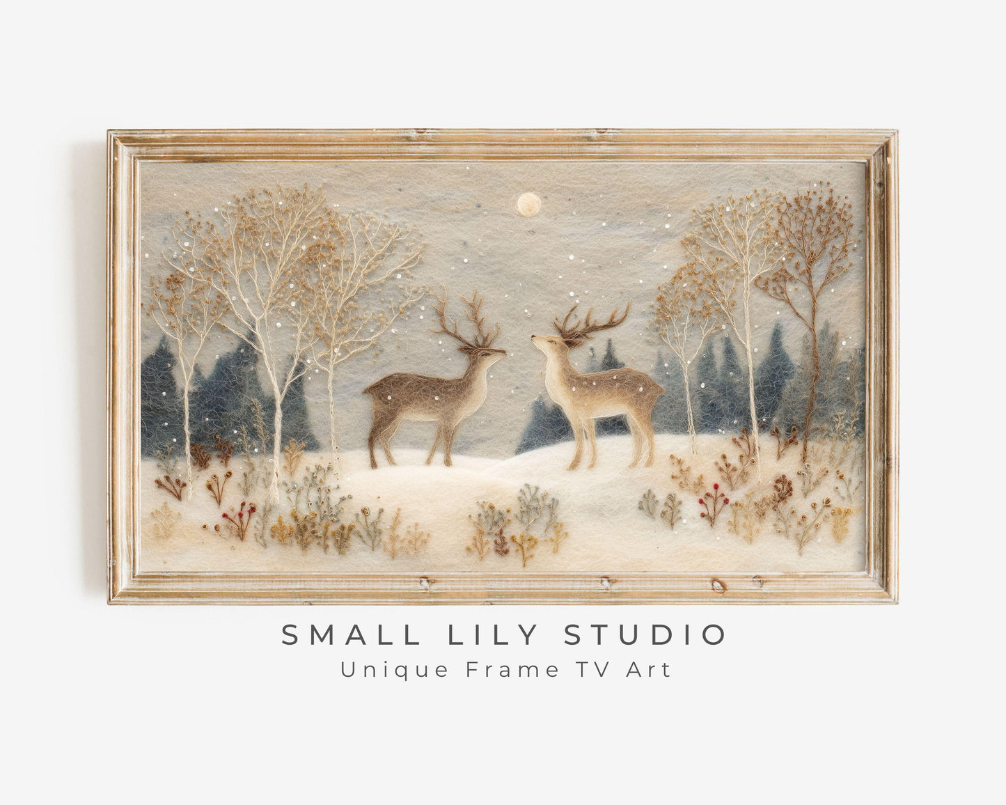 FRAME TV art Deer in Winter Landscape Felt Style, Neutral Samsung Frame TV art Cute Christmas Animals | TV1009