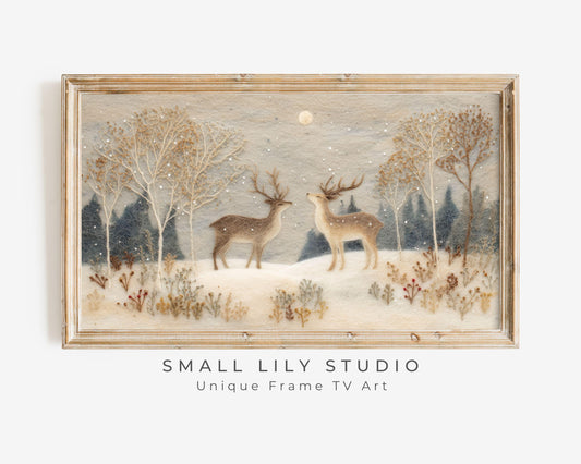 FRAME TV art Deer in Winter Landscape Felt Style, Neutral Samsung Frame TV art Cute Christmas Animals | TV1009