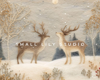 FRAME TV art Deer in Winter Landscape Felt Style, Neutral Samsung Frame TV art Cute Christmas Animals | TV1009