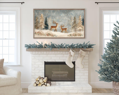 FRAME TV art Deer in Winter Landscape Felt Style, Samsung Frame TV art Cute Christmas Animals for Kids | TV1011