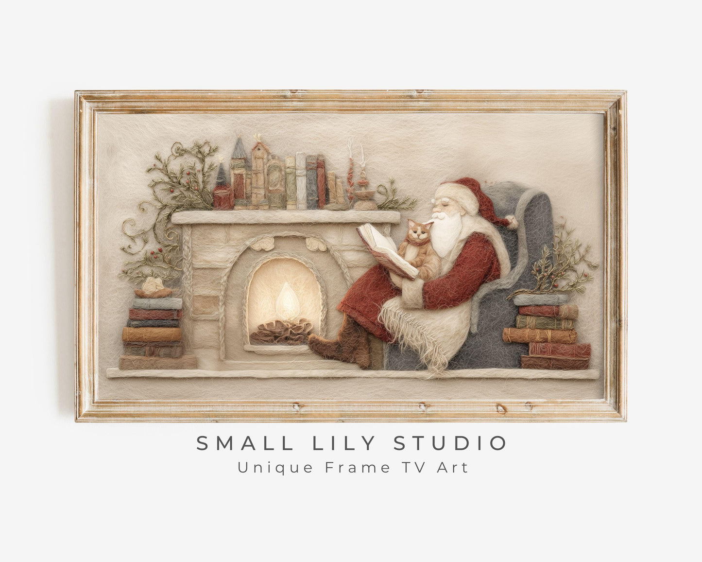 FRAME TV art Santa Reading with Cat Felt Style, Samsung Frame TV art Cute Christmas Picture for Kids, Cat Lover Christmas | TV1013