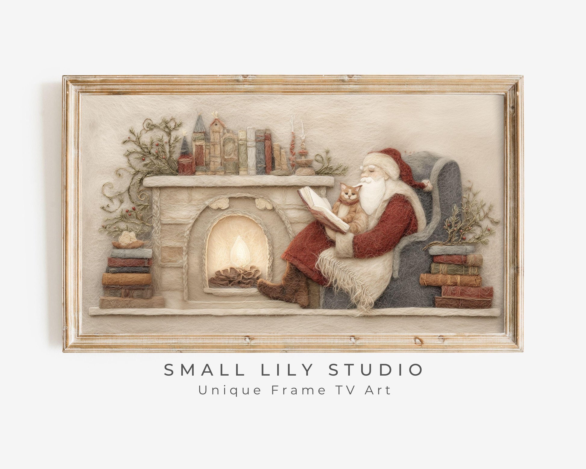 FRAME TV art Santa Reading with Cat Felt Style, Samsung Frame TV art Cute Christmas Picture for Kids, Cat Lover Christmas | TV1013