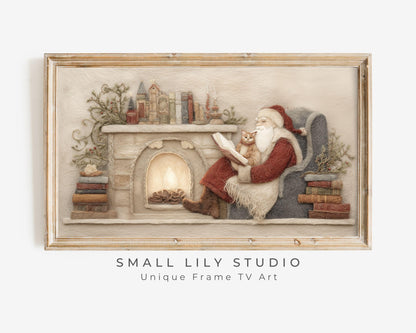 FRAME TV art Santa Reading with Cat Felt Style, Samsung Frame TV art Cute Christmas Picture for Kids, Cat Lover Christmas | TV1013