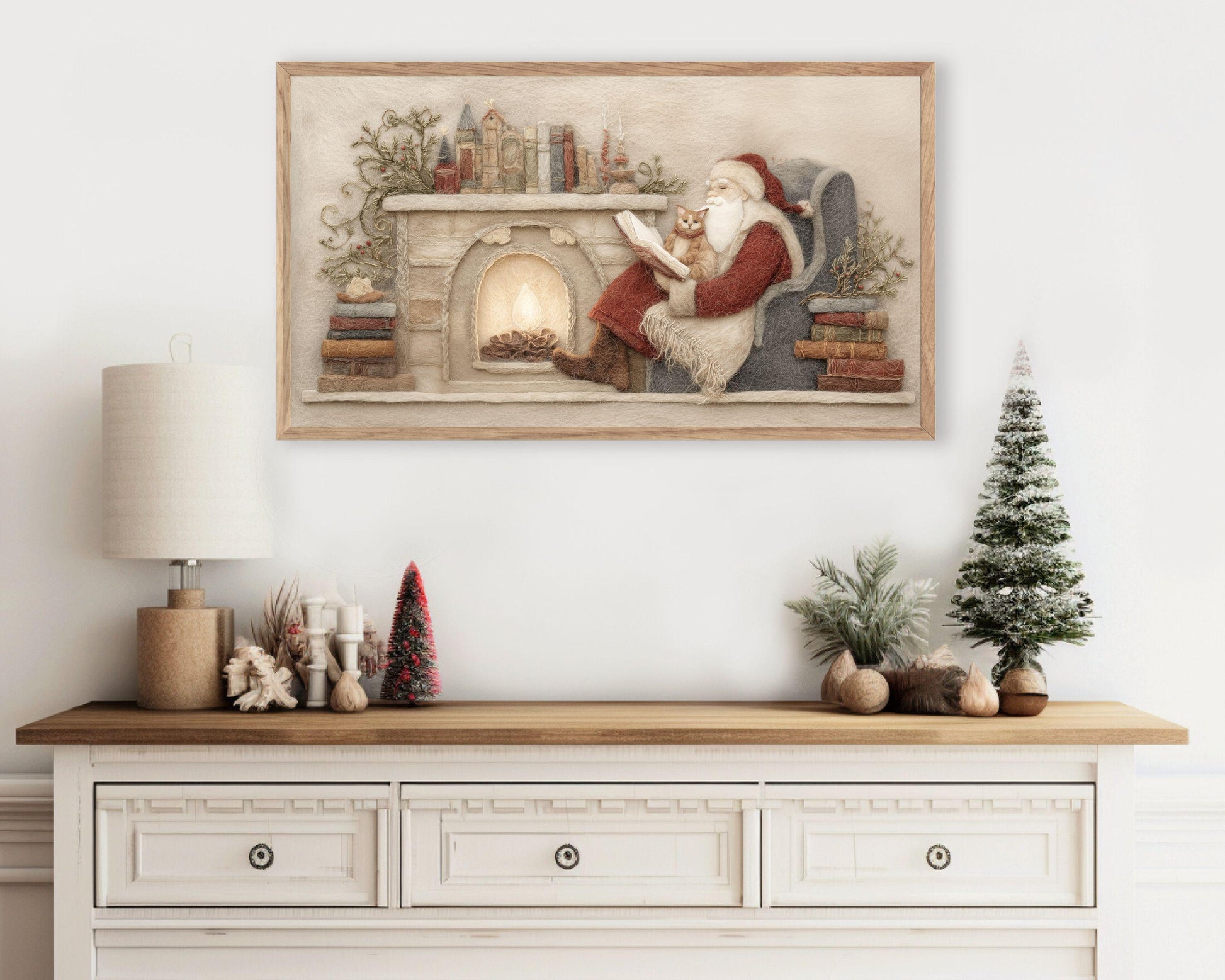 FRAME TV art Santa Reading with Cat Felt Style, Samsung Frame TV art Cute Christmas Picture for Kids, Cat Lover Christmas | TV1013