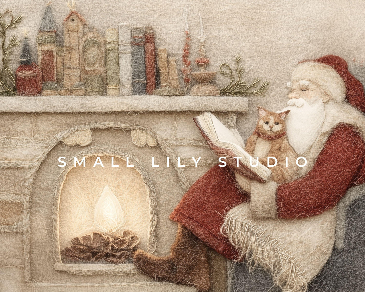 FRAME TV art Santa Reading with Cat Felt Style, Samsung Frame TV art Cute Christmas Picture for Kids, Cat Lover Christmas | TV1013