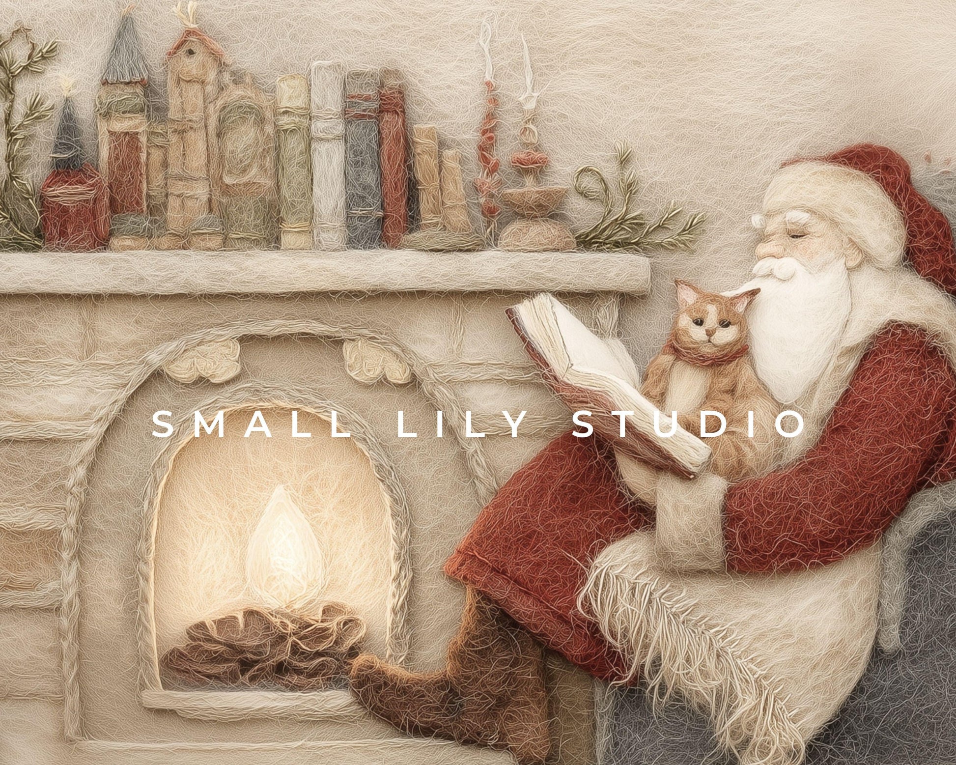 FRAME TV art Santa Reading with Cat Felt Style, Samsung Frame TV art Cute Christmas Picture for Kids, Cat Lover Christmas | TV1013