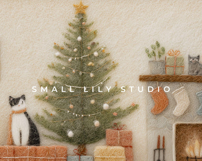 FRAME TV art Christmas Felt Style Room, Samsung Frame TV art Cute Christmas Picture for Kids, Cat Lover Christmas | TV1014