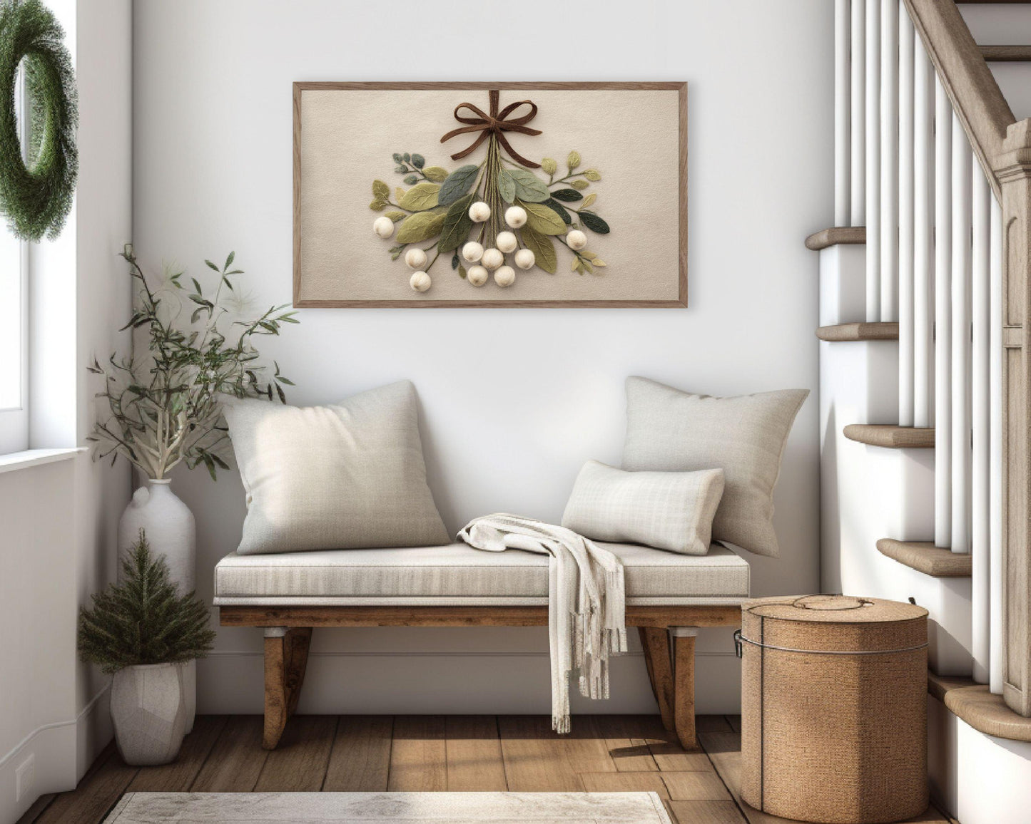 FRAME TV art Mistletoe with Brown Bow Felt Style, Samsung Frame TV art Cute Neutral Christmas Botanicals Picture | TV1016