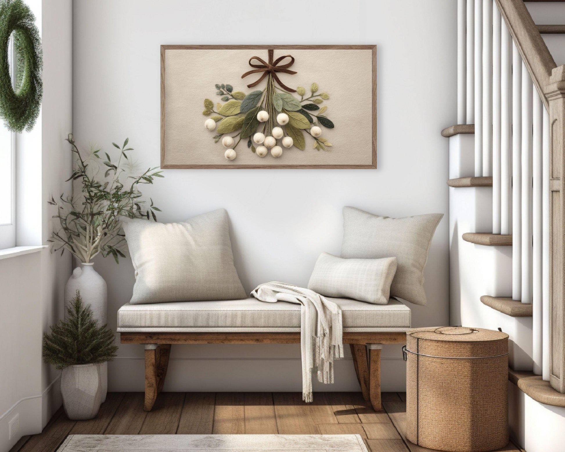 FRAME TV art Mistletoe with Brown Bow Felt Style, Samsung Frame TV art Cute Neutral Christmas Botanicals Picture | TV1016