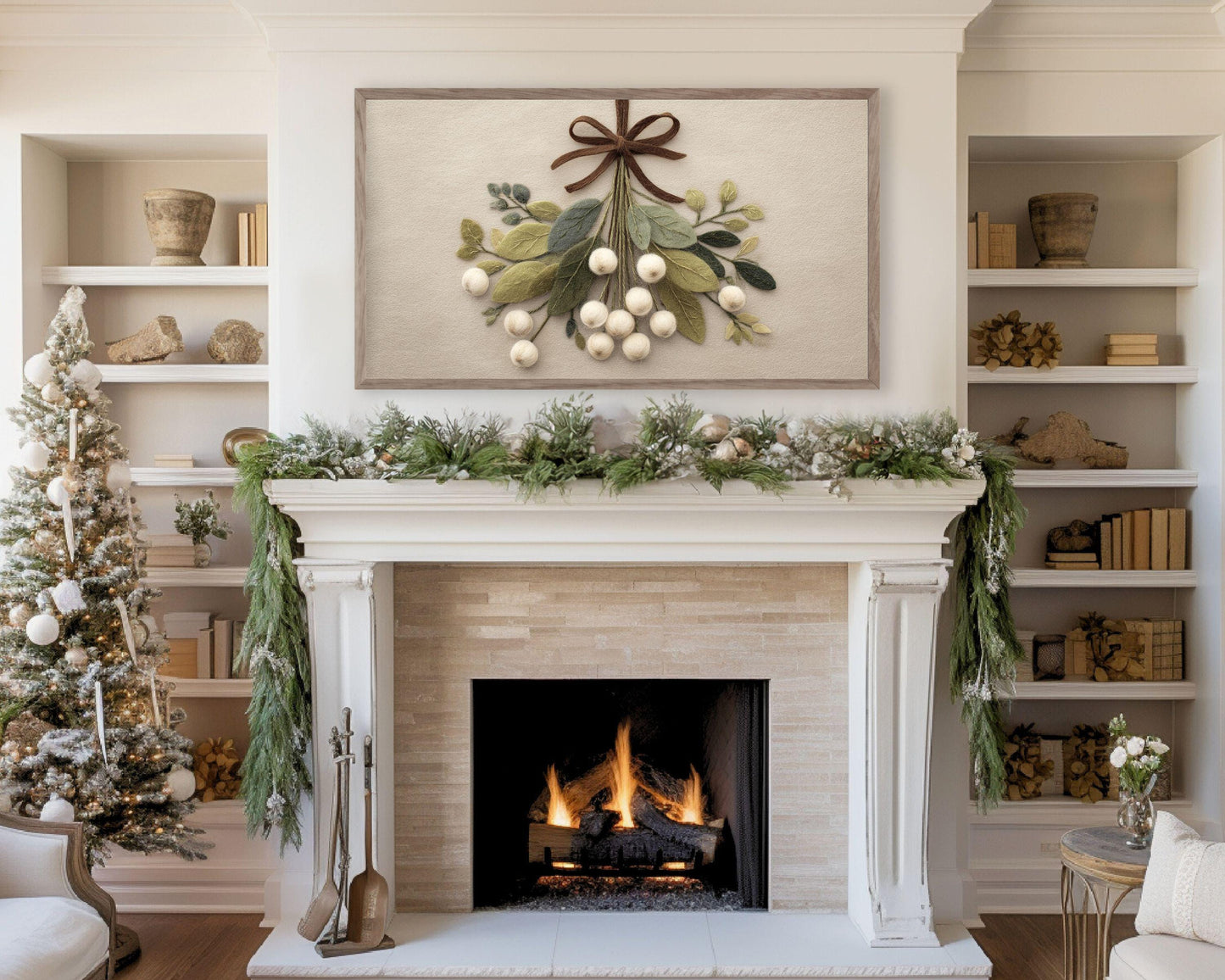 FRAME TV art Mistletoe with Brown Bow Felt Style, Samsung Frame TV art Cute Neutral Christmas Botanicals Picture | TV1016
