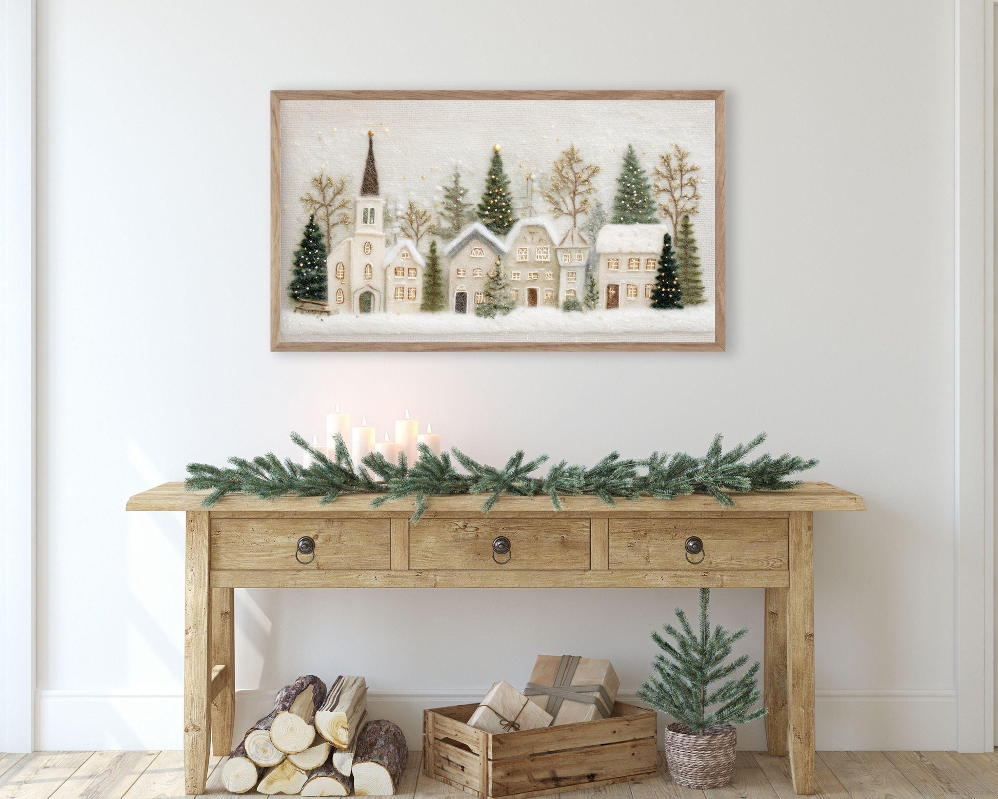 FRAME TV art Christmas Village Felt Style, Samsung Frame TV art Cute Winter Holiday Picture for kids | TV982