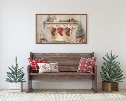 FRAME TV art 3 Christmas Stockings by Fireplace, Samsung Frame TV art Cute Winter Holiday Picture for kids | TV983