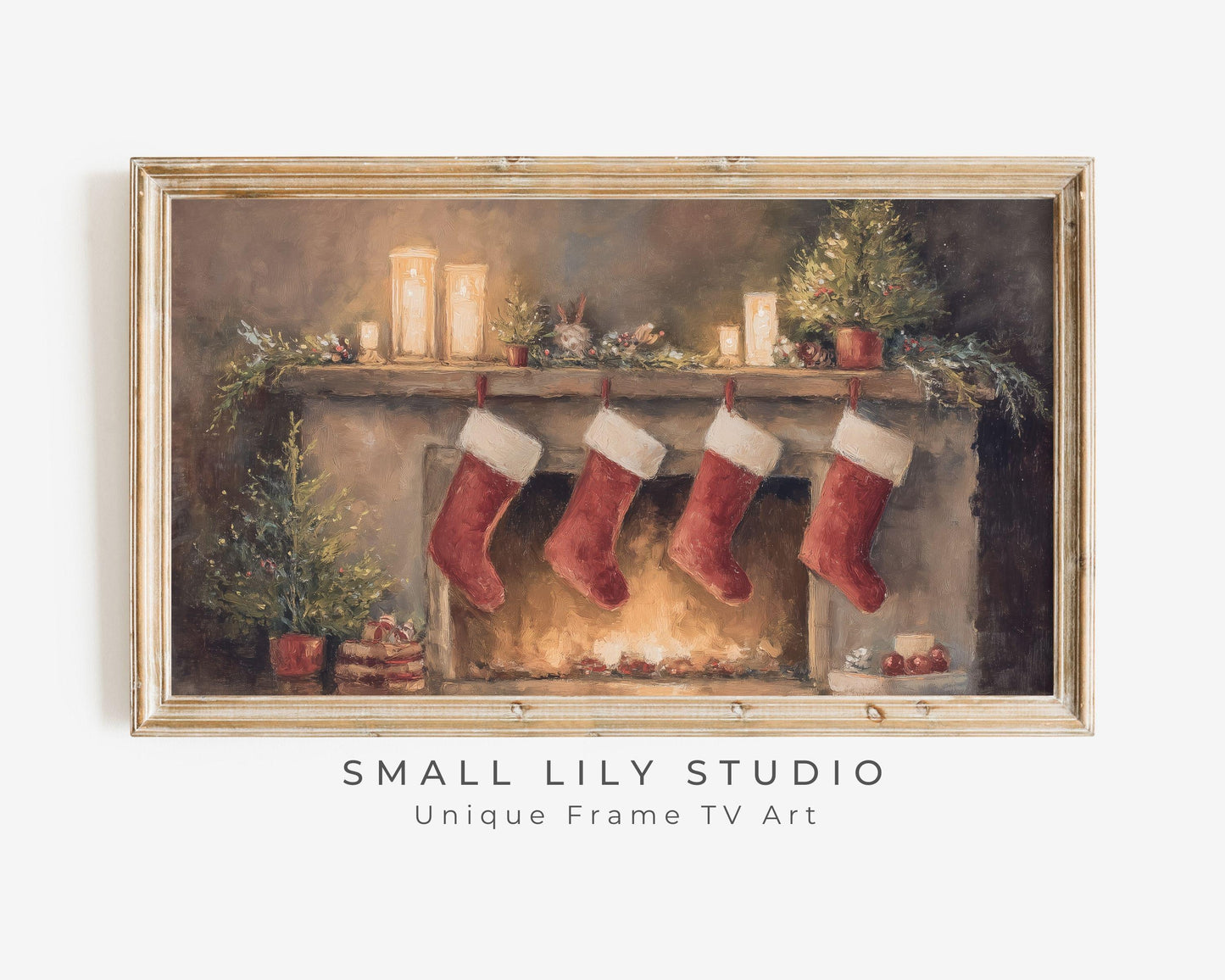 FRAME TV art Christmas Stockings by Fireplace, Samsung Frame TV art Cozy Winter Holiday Vintage Style Painting | TV984