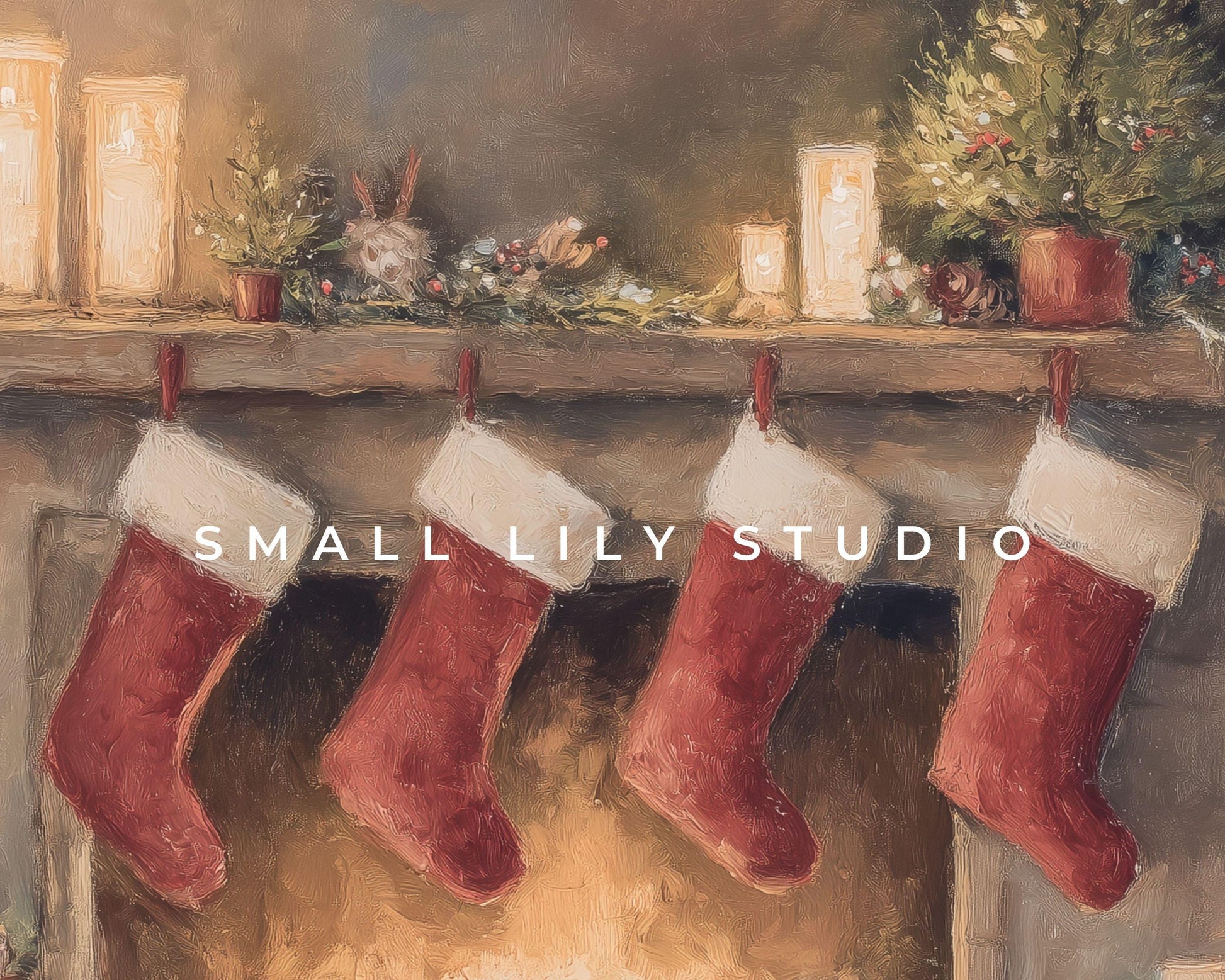 FRAME TV art Christmas Stockings by Fireplace, Samsung Frame TV art Cozy Winter Holiday Vintage Style Painting | TV984