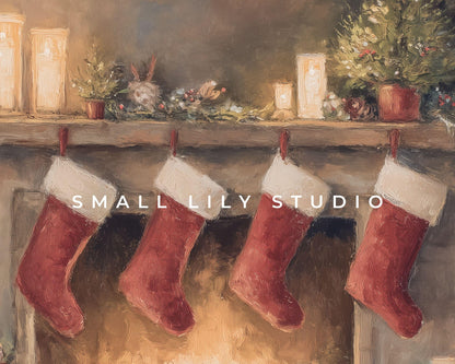 FRAME TV art Christmas Stockings by Fireplace, Samsung Frame TV art Cozy Winter Holiday Vintage Style Painting | TV984