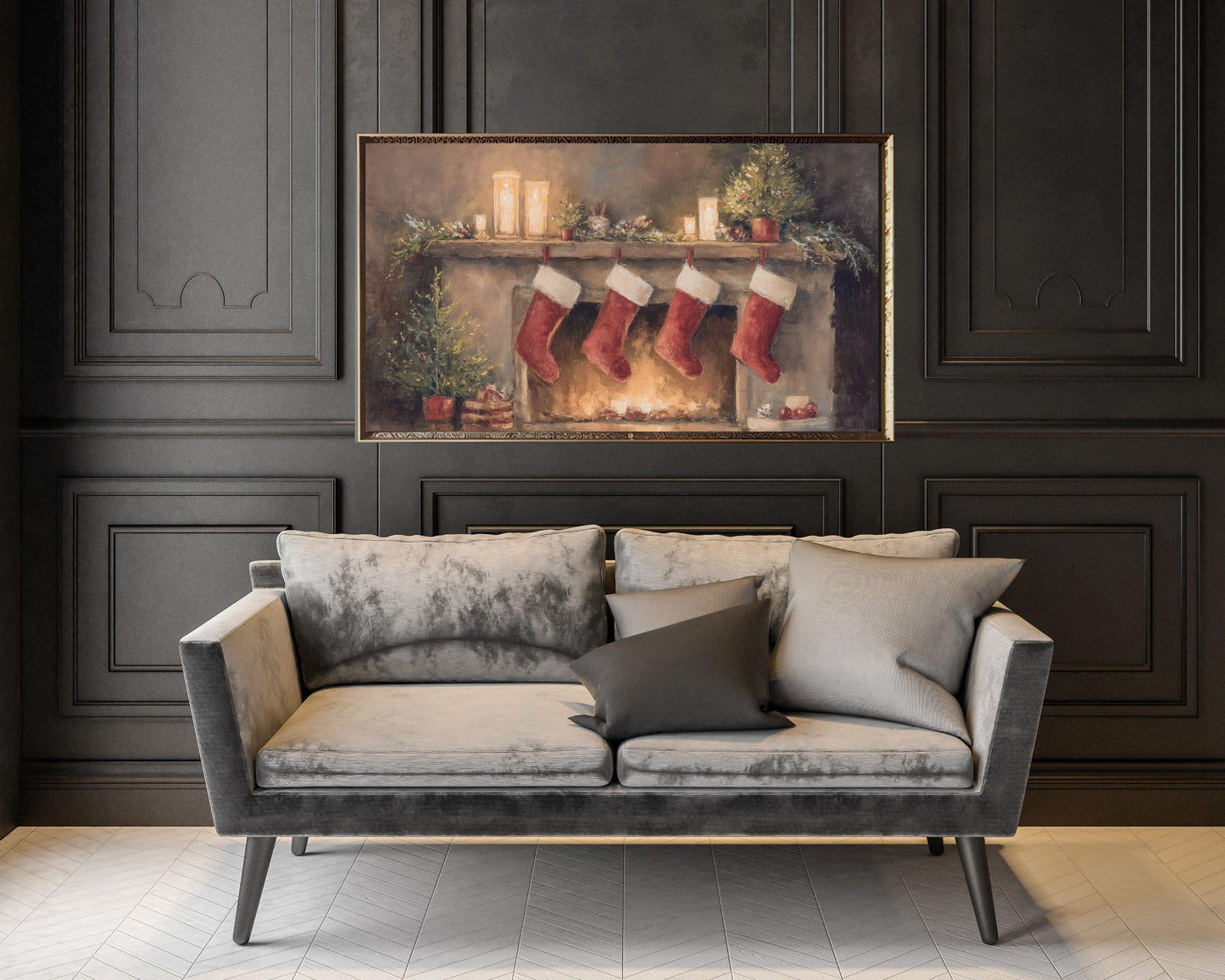 FRAME TV art Christmas Stockings by Fireplace, Samsung Frame TV art Cozy Winter Holiday Vintage Style Painting | TV984