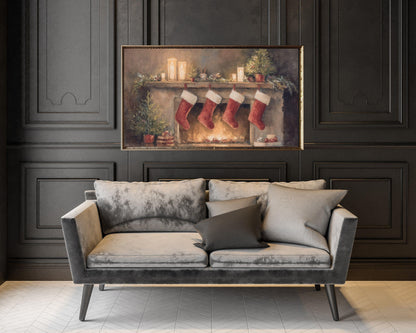FRAME TV art Christmas Stockings by Fireplace, Samsung Frame TV art Cozy Winter Holiday Vintage Style Painting | TV984