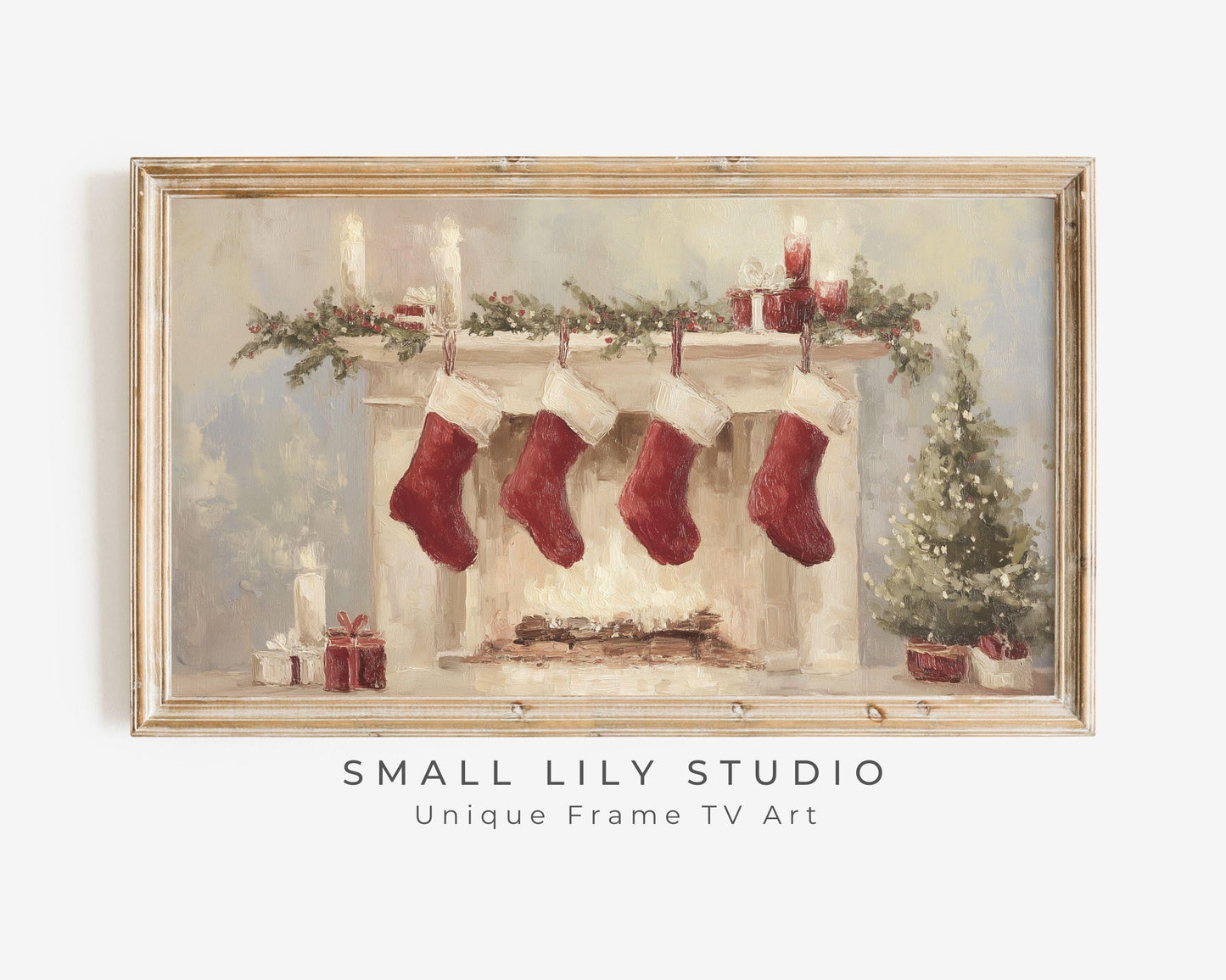 FRAME TV art 4 Christmas Stockings by Fireplace, Samsung Frame TV art Cozy Winter Holiday Picture for kids | TV985