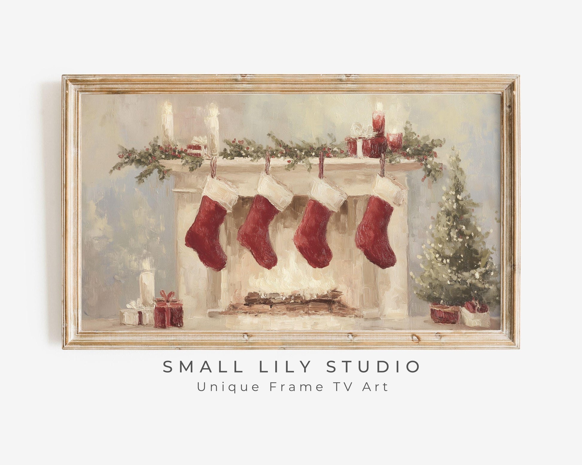 FRAME TV art 4 Christmas Stockings by Fireplace, Samsung Frame TV art Cozy Winter Holiday Picture for kids | TV985