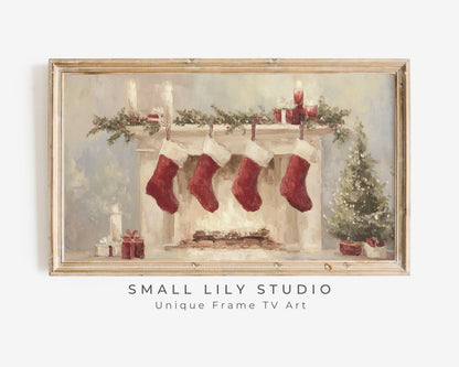 FRAME TV art 4 Christmas Stockings by Fireplace, Samsung Frame TV art Cozy Winter Holiday Picture for kids | TV985