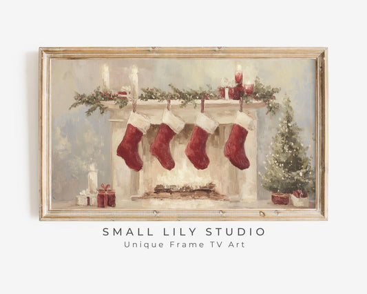 FRAME TV art 4 Christmas Stockings by Fireplace, Samsung Frame TV art Cozy Winter Holiday Picture for kids | TV985