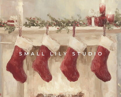 FRAME TV art 4 Christmas Stockings by Fireplace, Samsung Frame TV art Cozy Winter Holiday Picture for kids | TV985