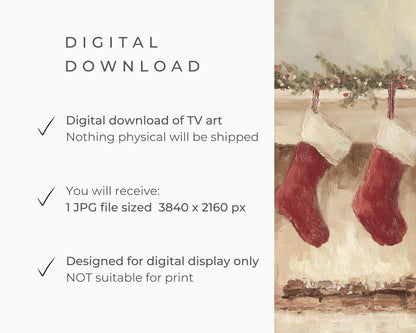 FRAME TV art 4 Christmas Stockings by Fireplace, Samsung Frame TV art Cozy Winter Holiday Picture for kids | TV985