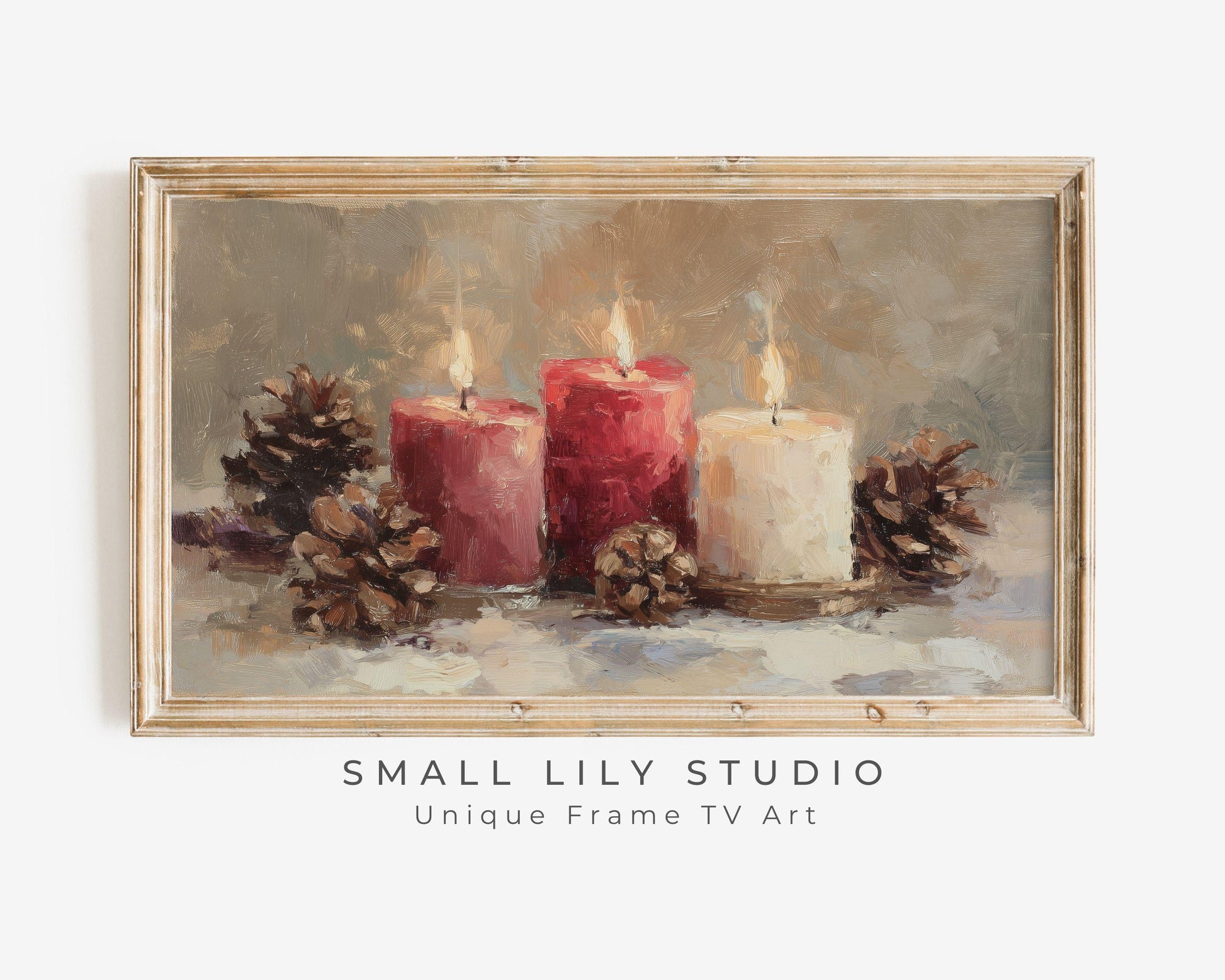FRAME TV art Candles and Pinecones, Samsung Frame TV art Cozy Winter Holiday Vintage Style Painting | TV986